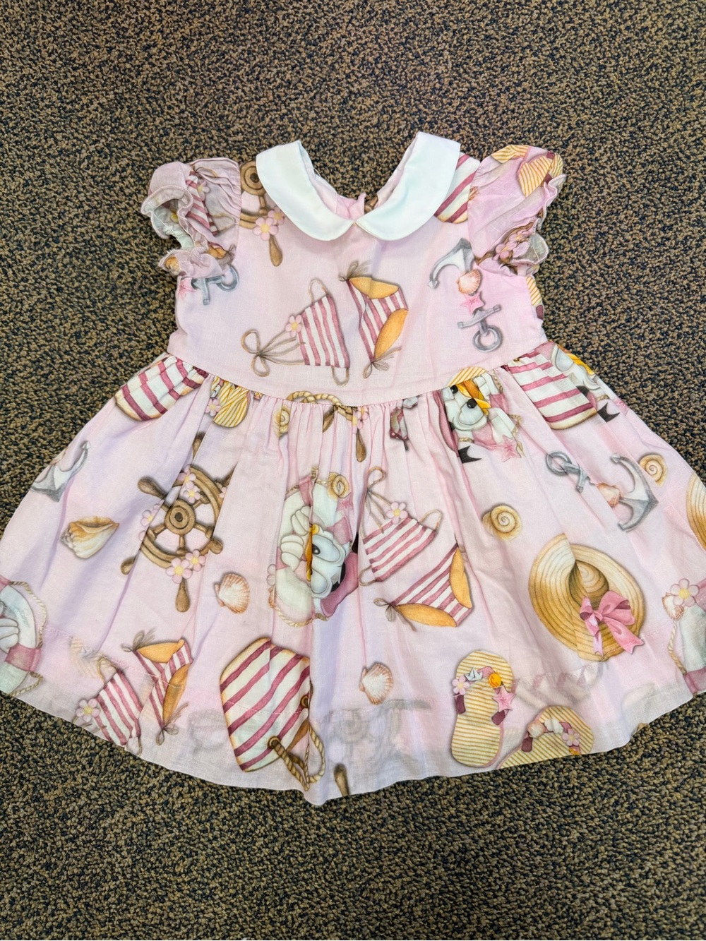 Monnalisa Disney Pink Nautical Print Girls' Dress with Peter Pan Collar